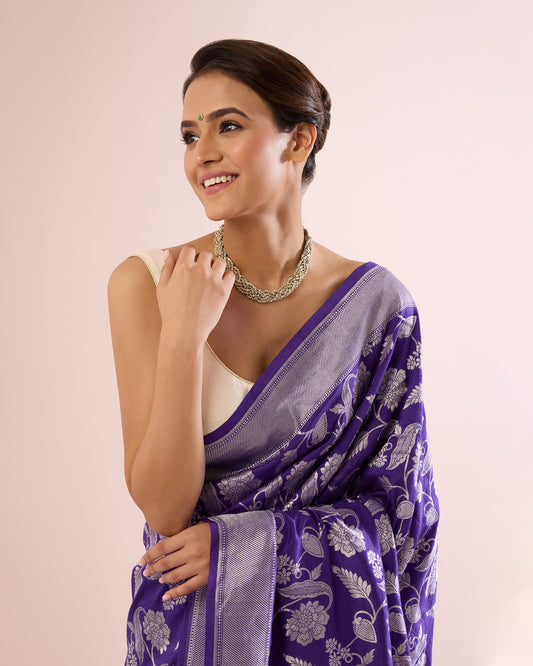 FLORAL VINE SILK DUPION SAREE – VIOLET