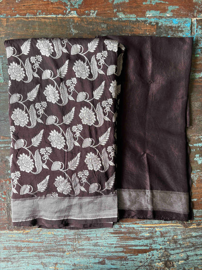 FLORAL VINE SILK DUPION SAREE – DEEP CACAO