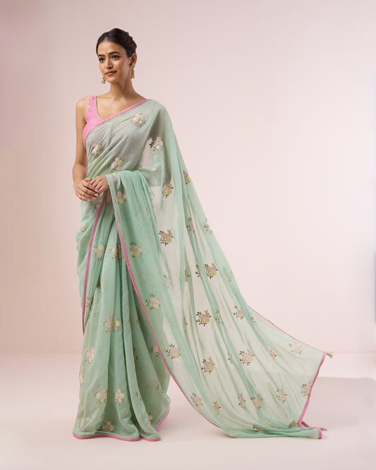 Peony Chanderi Silk Saree – Pistachio