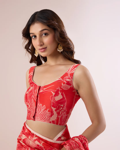 POPPY RED – Printed Sleeveless Chanderi Blouse