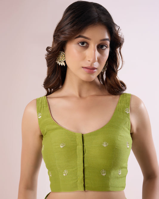 LEAF GREEN – Embroidered Sleeveless Chanderi Blouse