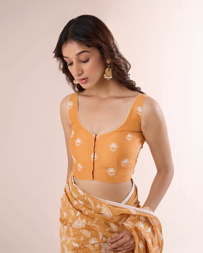 KESAR & ECRU – Embroidered Sleeveless Chanderi Blouse