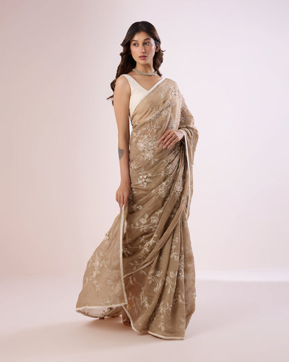 Parijat Chanderi Silk Saree – Beige