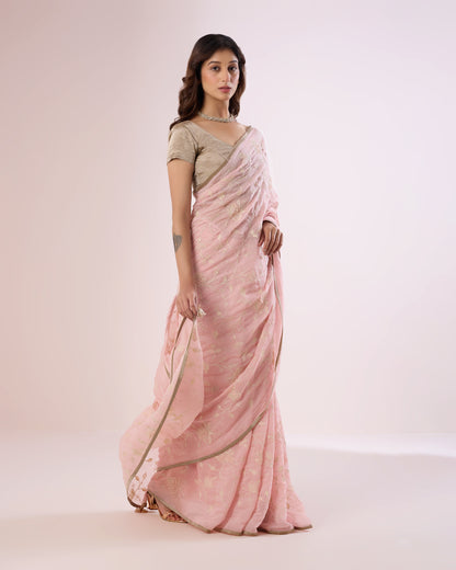 Frangipani Chanderi Silk Saree – Soft Pink