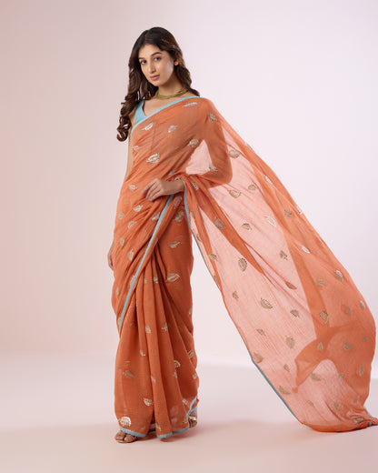 Fern Leaf Chanderi Silk Saree – Coral