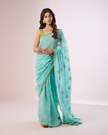 Magnolia Chanderi Silk Saree – Aqua Blue