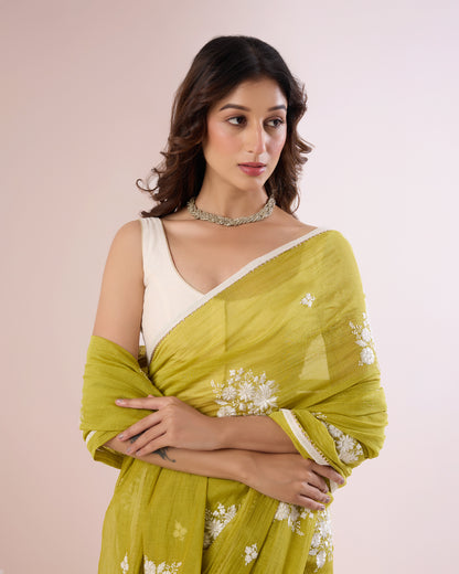 Jaswand Chanderi Silk Saree – Grass Green