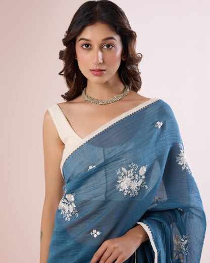 Jaswand Chanderi Silk Saree – Petrol Blue