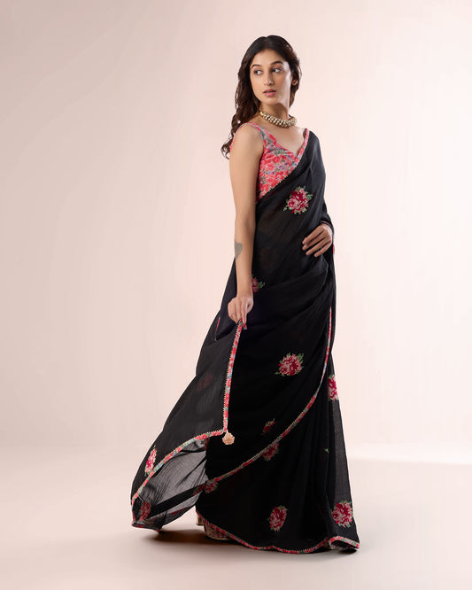 PIXEL ROSE — Black Chanderi Silk Saree