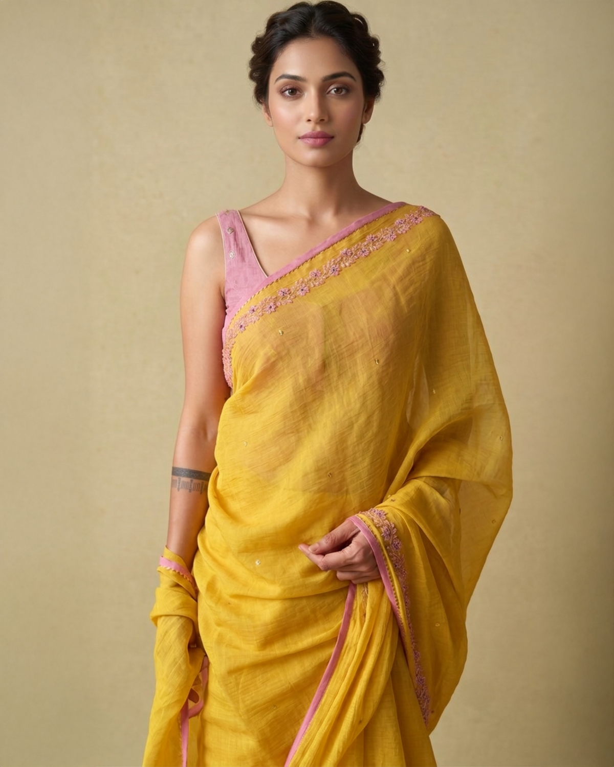 BEADED TENDRILS | Sun Yellow Chanderi Tissue Saree