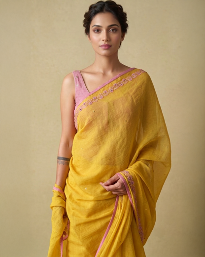 BEADED TENDRILS | Sun Yellow Chanderi Tissue Saree