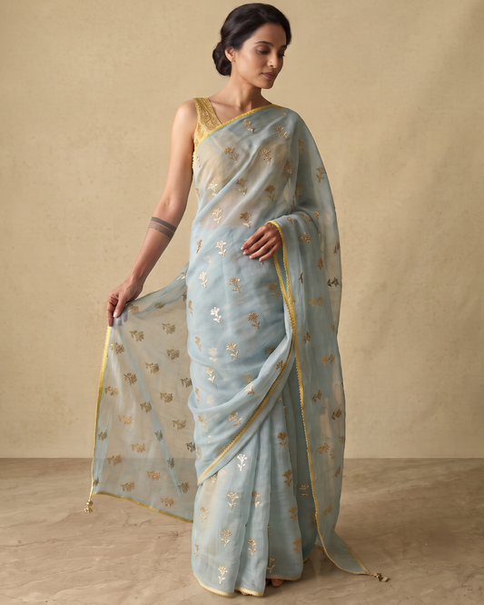 PALE BLUE LILIES | Blue Chanderi Saree