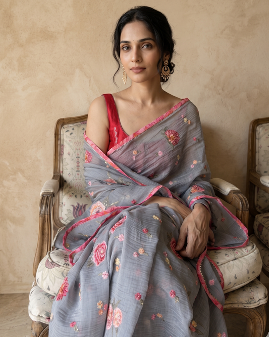 SMOKEY GREY CARNATIONS | Chandri Mul saree