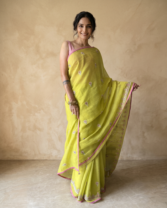 PERIDOT BEADED SAREE | Chanderi Mul Saree