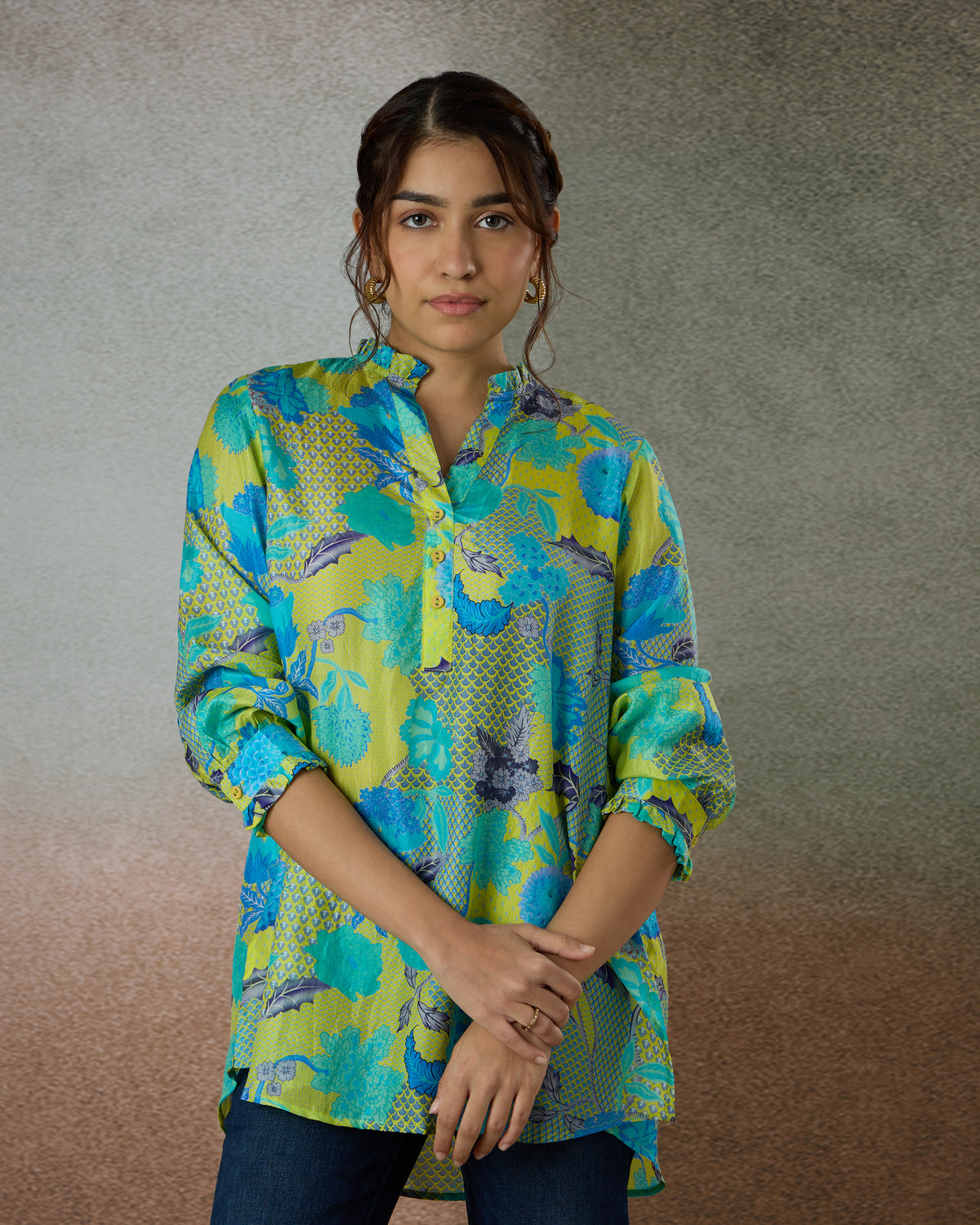 Turquoise Mosaic Silk Tunic Shirt - Silk Route Collection