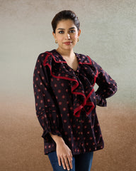 Burgundy Ruffled Shirt - The Spice of Kutch Collection