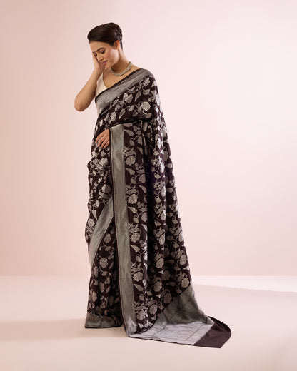 FLORAL VINE SILK DUPION SAREE – DEEP CACAO