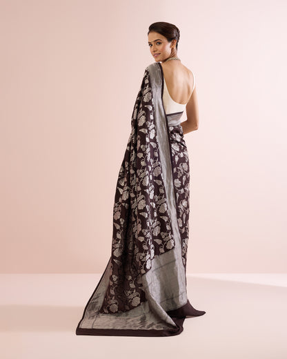 FLORAL VINE SILK DUPION SAREE – DEEP CACAO