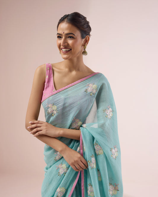 Peony Chanderi Silk Saree – Aqua Blue