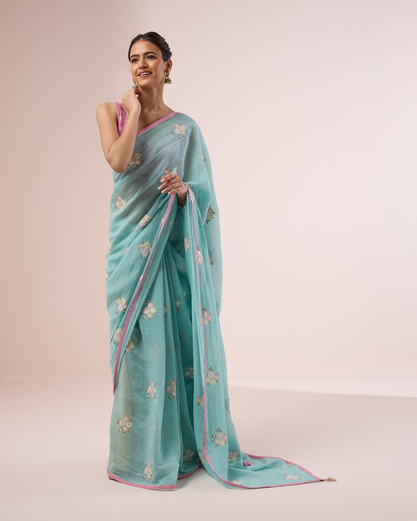 Peony Chanderi Silk Saree – Aqua Blue
