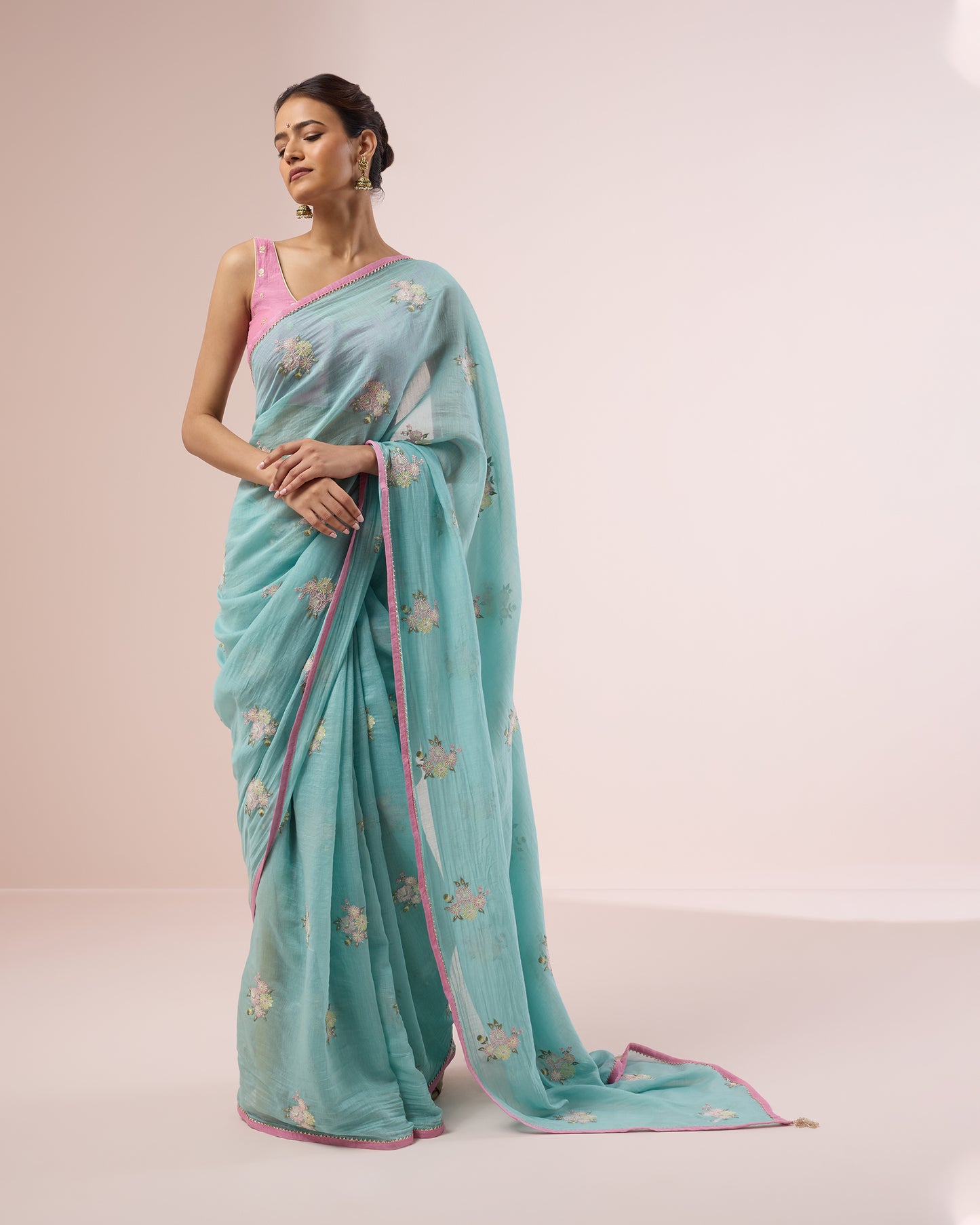 Peony Chanderi Silk Saree – Aqua Blue