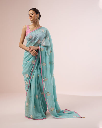 Peony Chanderi Silk Saree – Aqua Blue