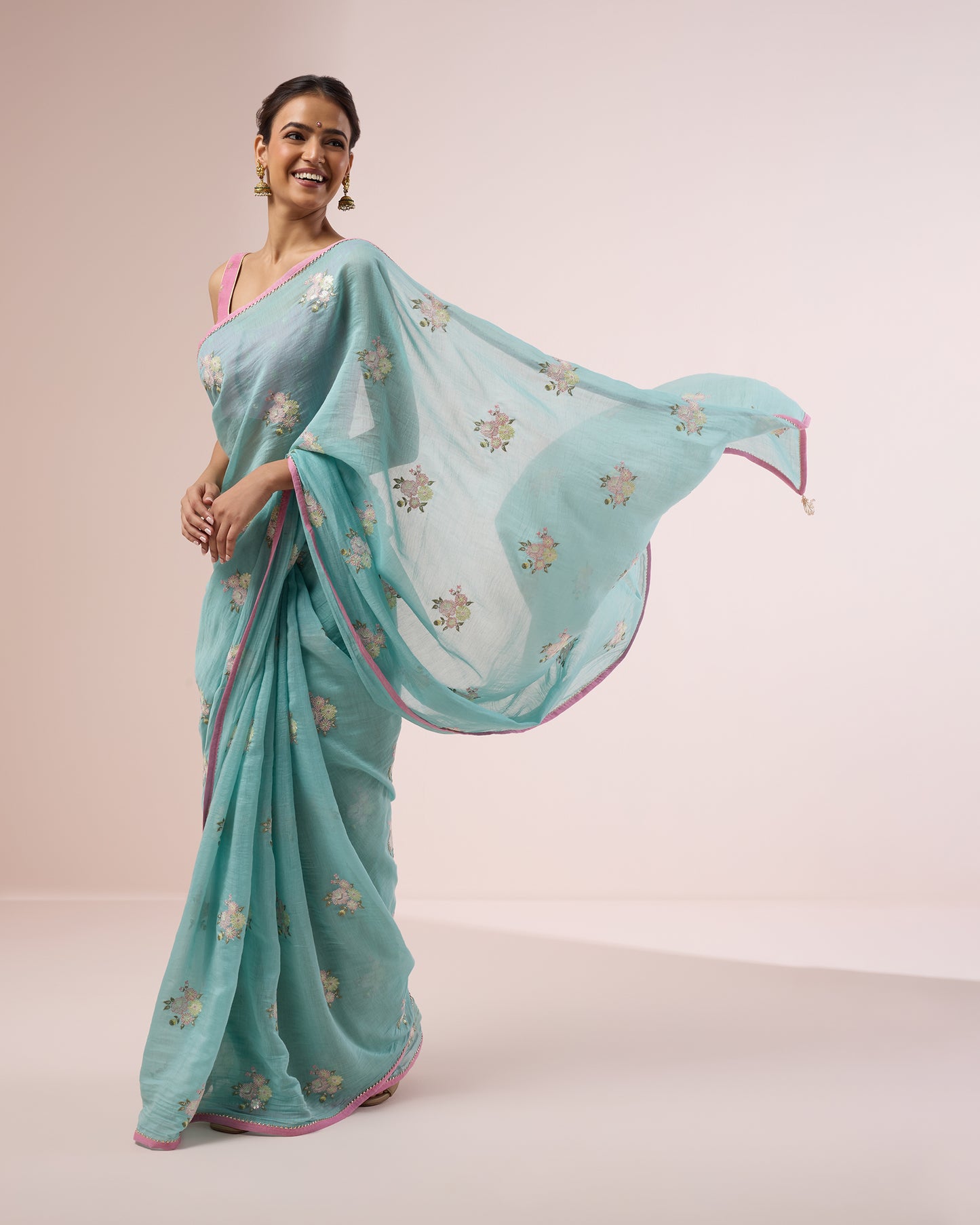 Peony Chanderi Silk Saree – Aqua Blue