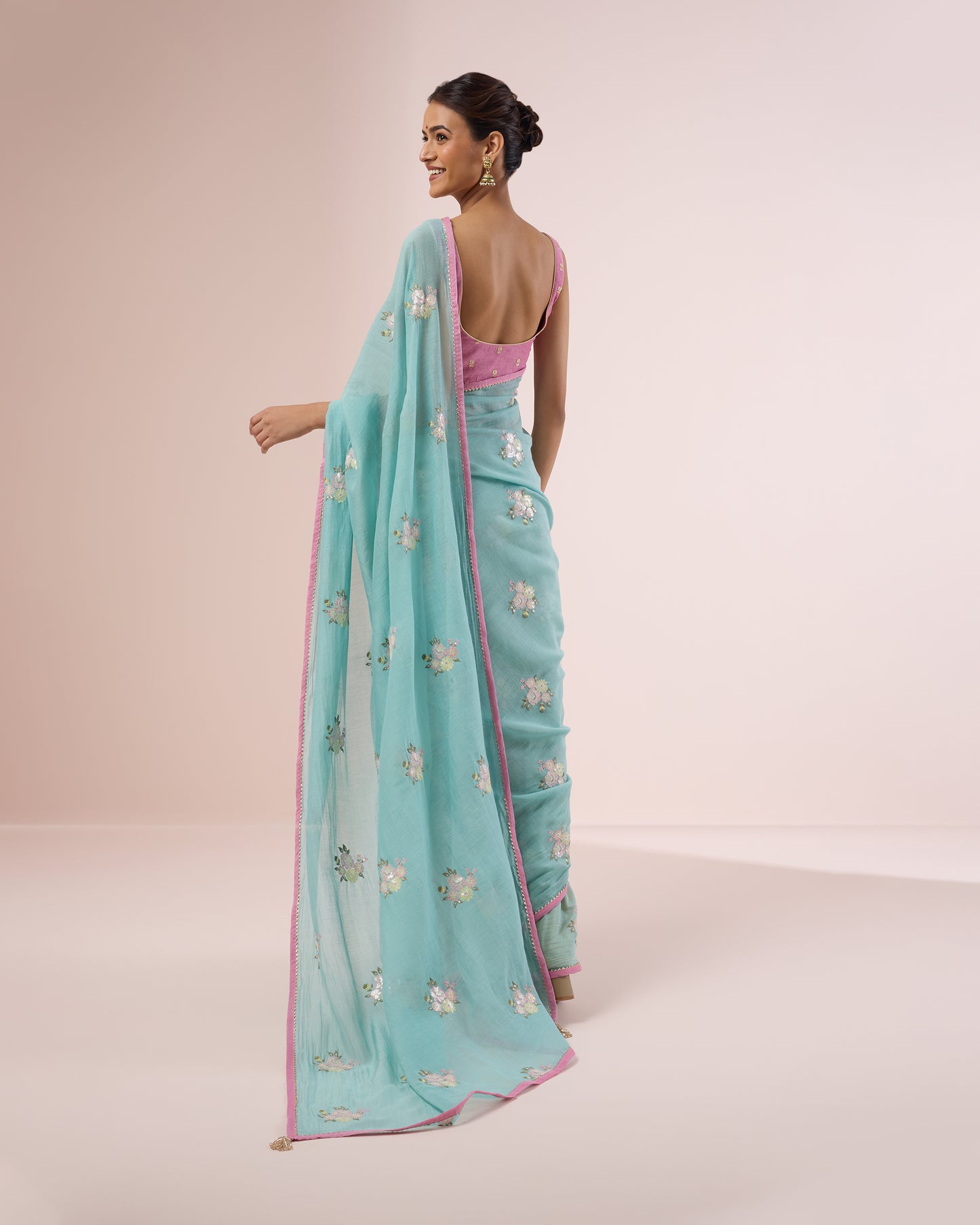 Peony Chanderi Silk Saree – Aqua Blue