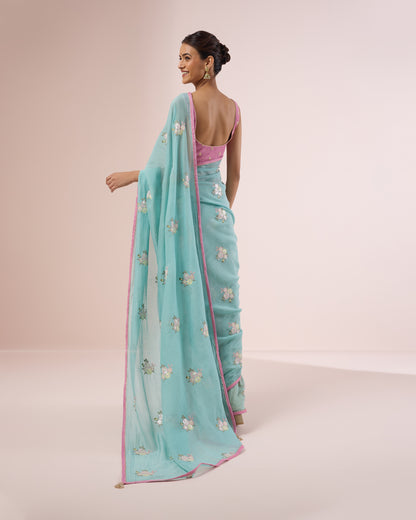 Peony Chanderi Silk Saree – Aqua Blue