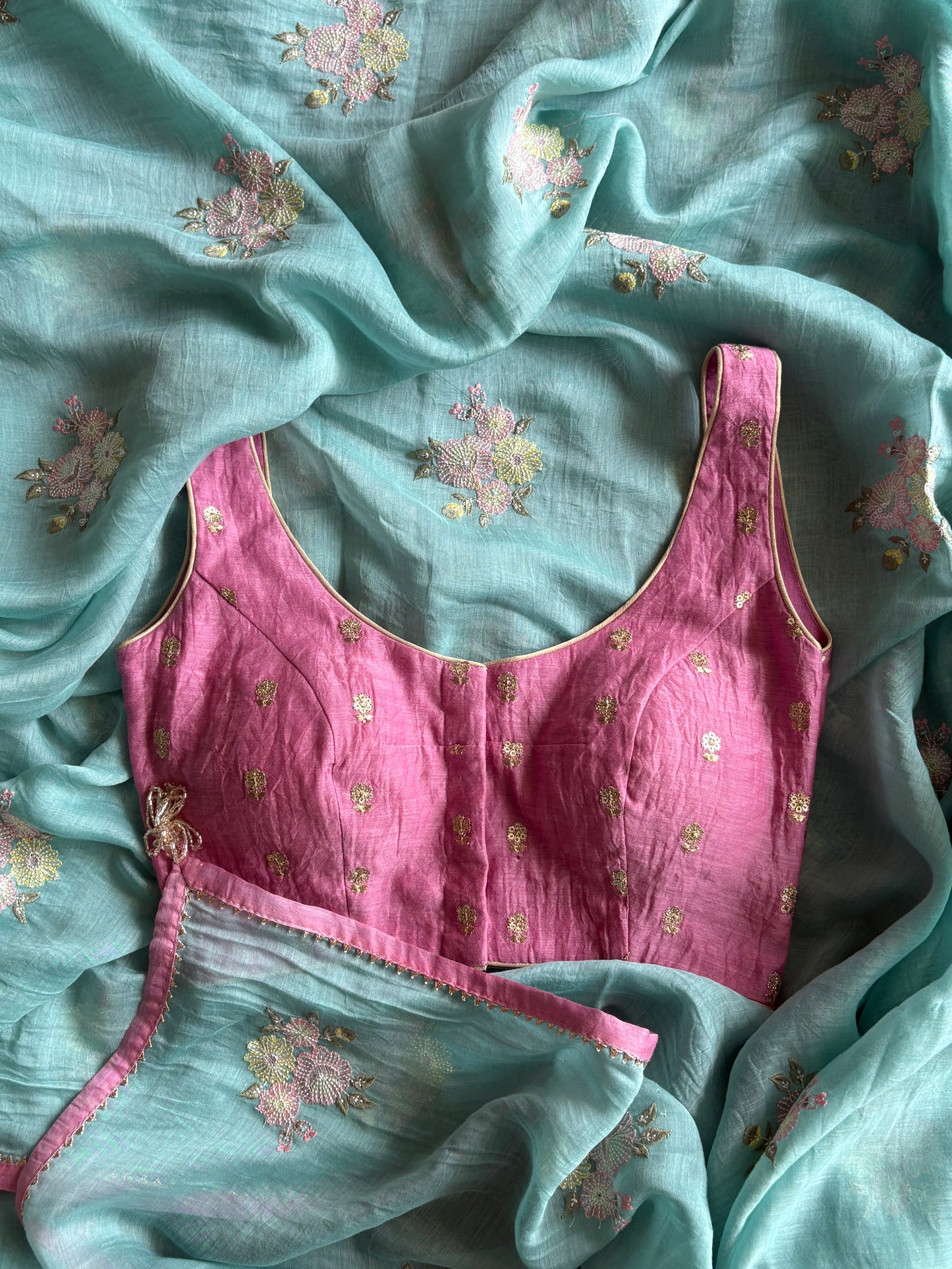 Peony Chanderi Silk Saree – Aqua Blue