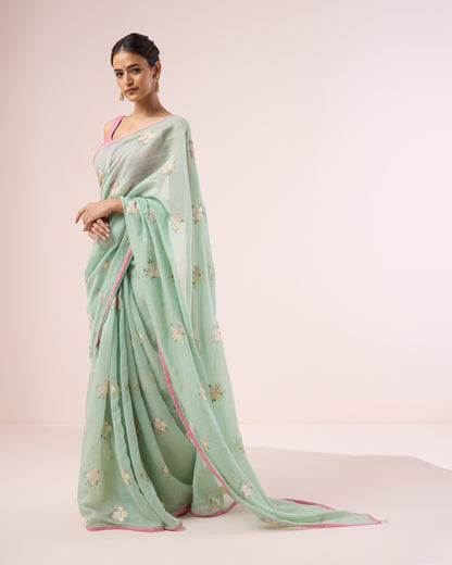 Peony Chanderi Silk Saree – Pistachio