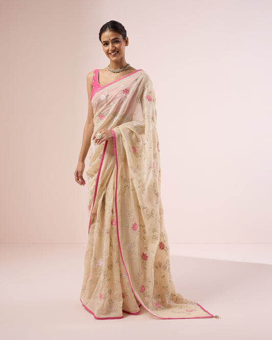 Zinia Chanderi Silk Saree – Butter Cream