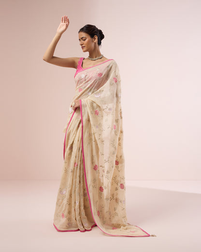 Zinia Chanderi Silk Saree – Butter Cream