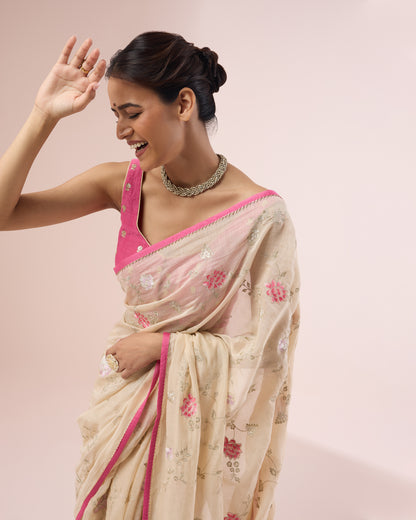 Zinia Chanderi Silk Saree – Butter Cream