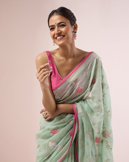 Zinia Chanderi Silk Saree – Mint Green