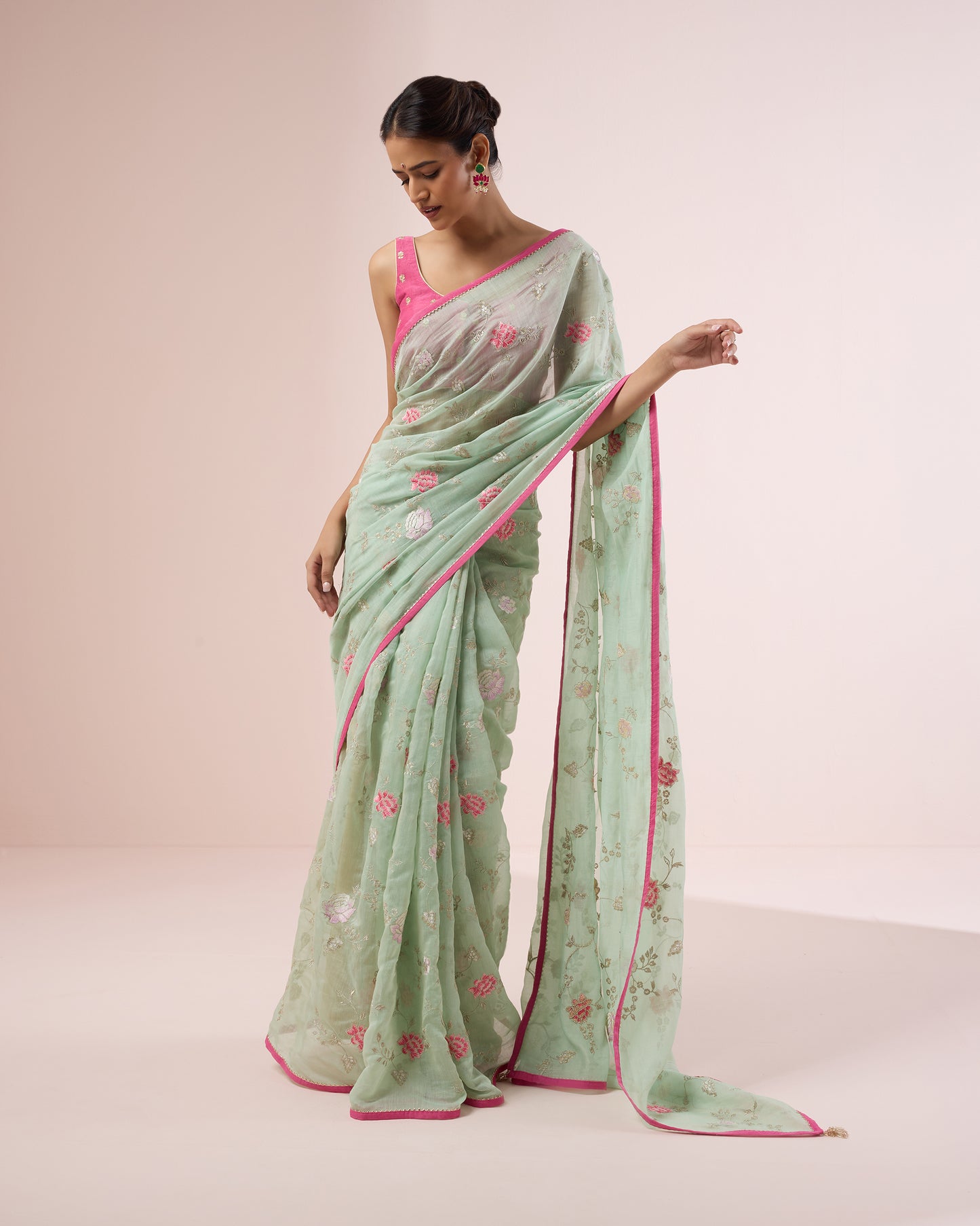Zinia Chanderi Silk Saree – Mint Green
