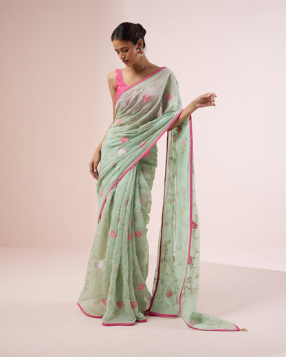 Zinia Chanderi Silk Saree – Mint Green