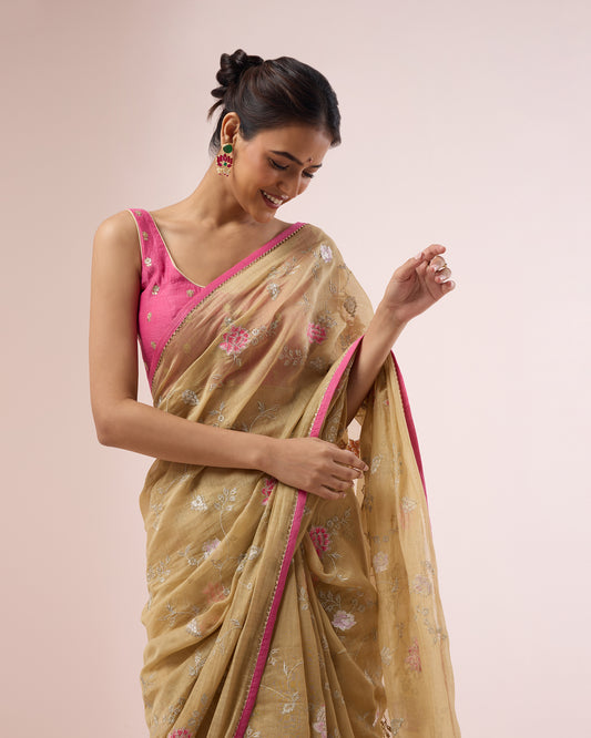 Zinia Chanderi Silk Saree – Gold Beige