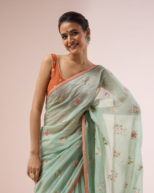 Little Bird Chanderi Silk Saree – Mint Green