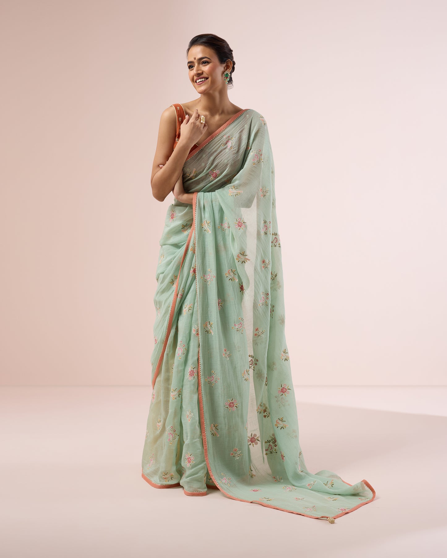 Little Bird Chanderi Silk Saree – Mint Green
