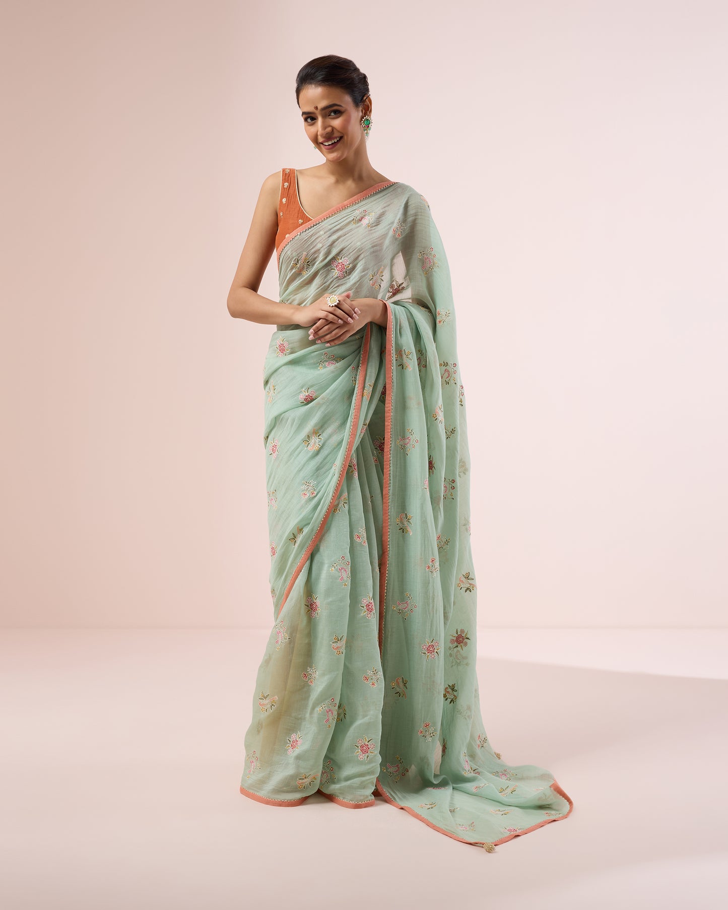 Little Bird Chanderi Silk Saree – Mint Green