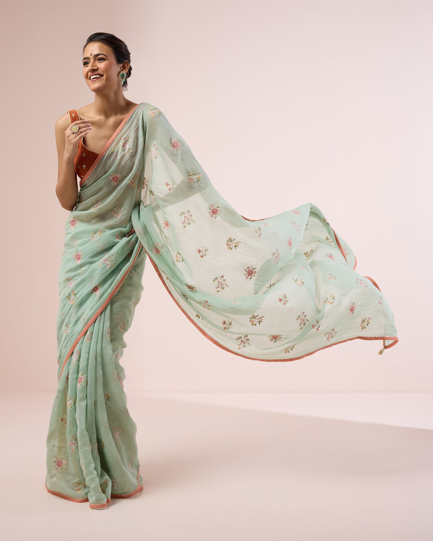 Little Bird Chanderi Silk Saree – Mint Green
