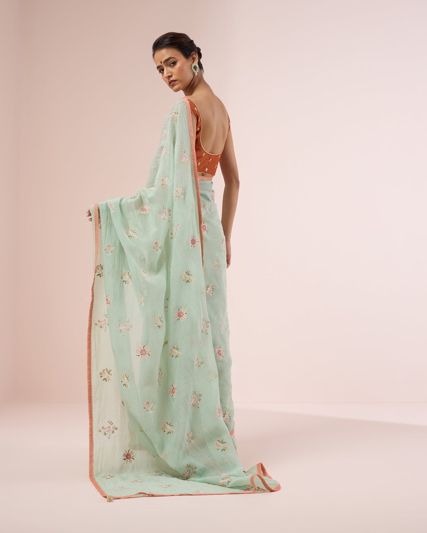 Little Bird Chanderi Silk Saree – Mint Green