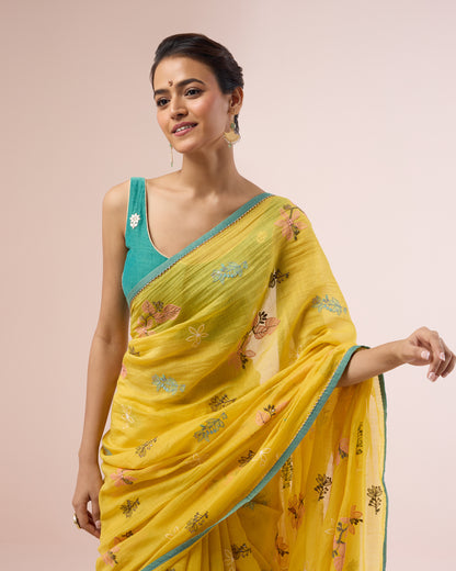 Hibiscus Chanderi Silk Saree – Chrome Yellow