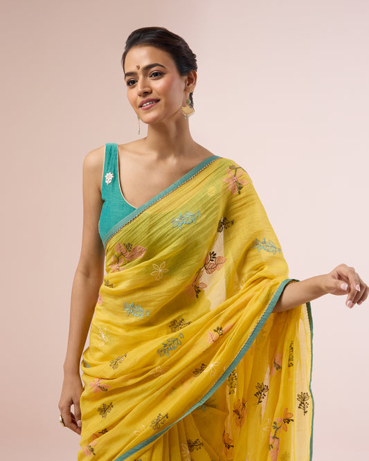 Hibiscus Chanderi Silk Saree – Chrome Yellow