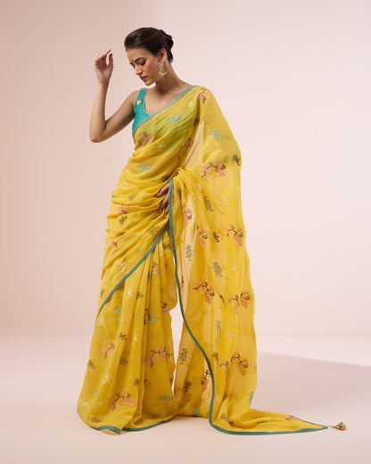 Hibiscus Chanderi Silk Saree – Chrome Yellow