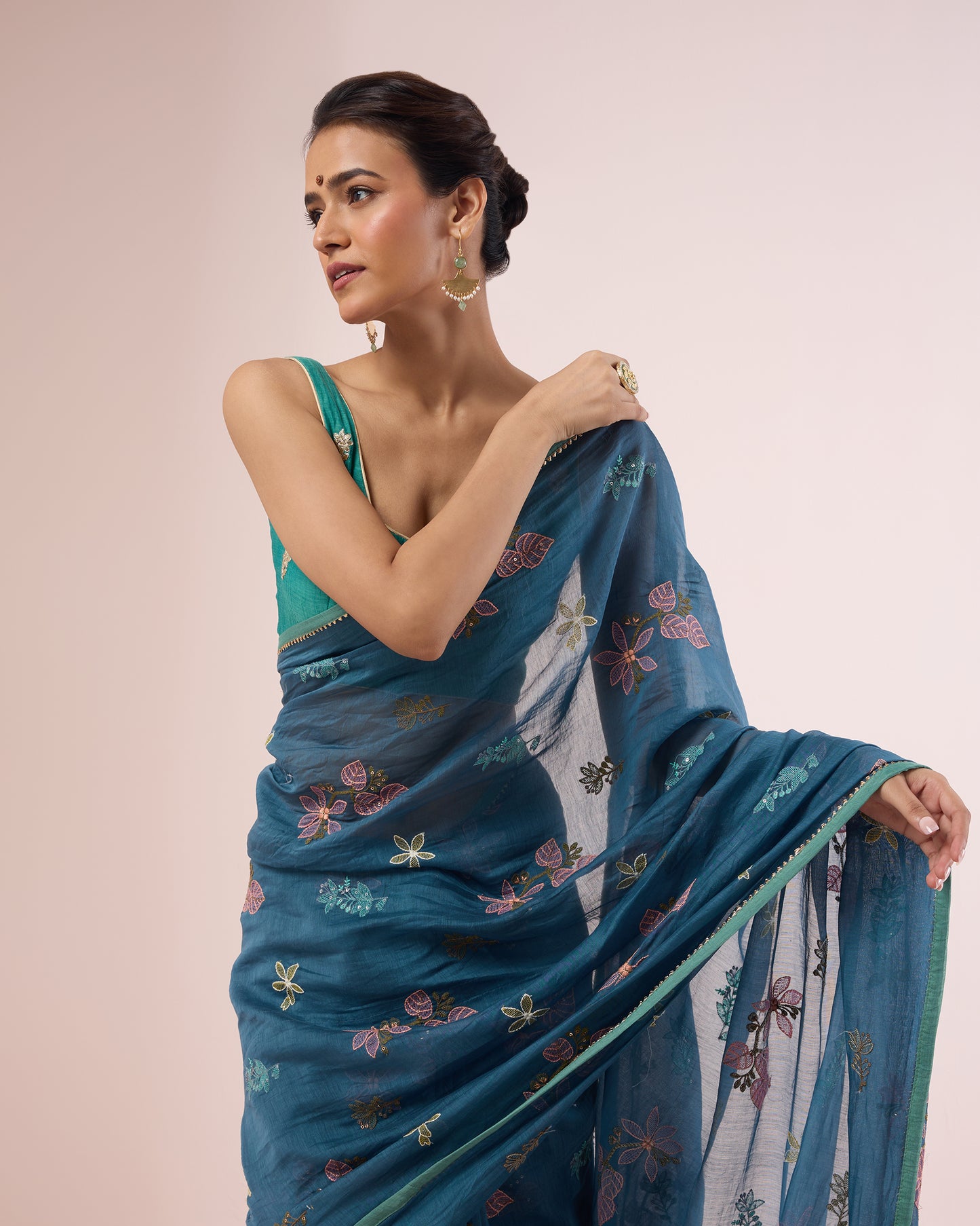 Hibiscus Chanderi Silk Saree – Indigo