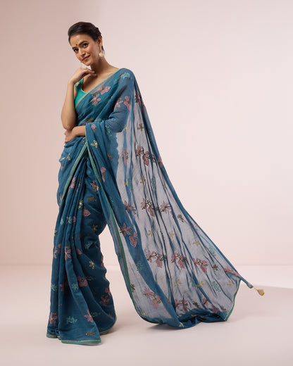 Hibiscus Chanderi Silk Saree – Indigo
