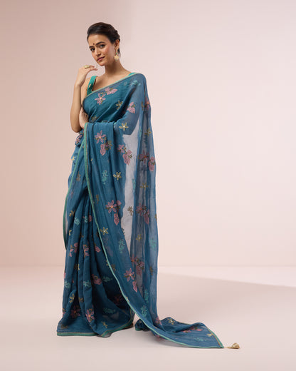 Hibiscus Chanderi Silk Saree – Indigo