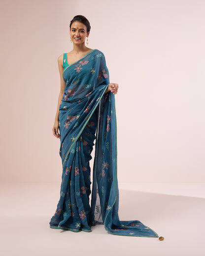Hibiscus Chanderi Silk Saree – Indigo